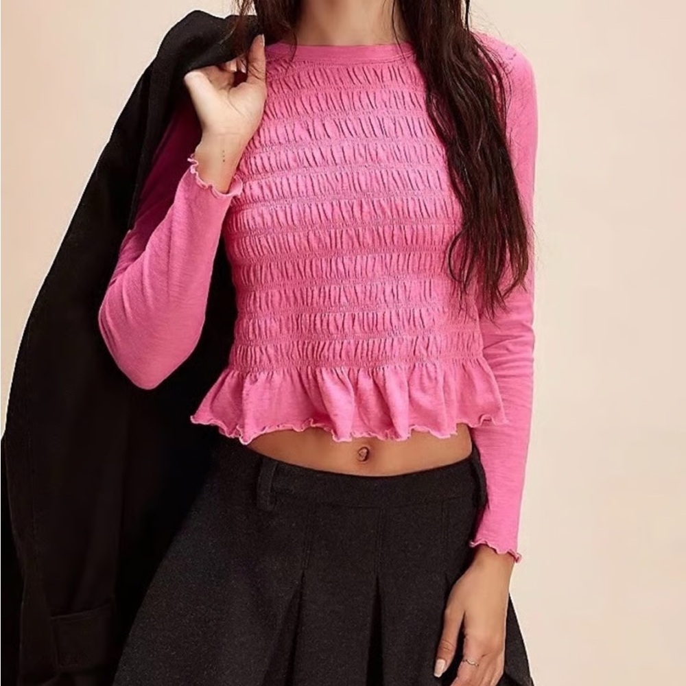 Free People Pink Smocked Long Sleeve Top